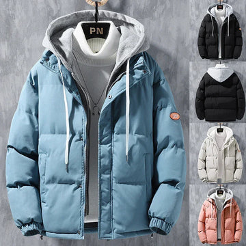 Puffer jacket with hood, available in blue, black, white, and pink, relaxed fit, winter streetwear.