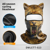 Futuristic cycling balaclava with fierce animal face, brown color, ice silk and velvet materials, full face cover, all-season streetwear.
