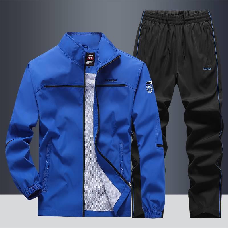 Blue zip-up track jacket and black athletic pants set, lightweight sporty fit, men's activewear