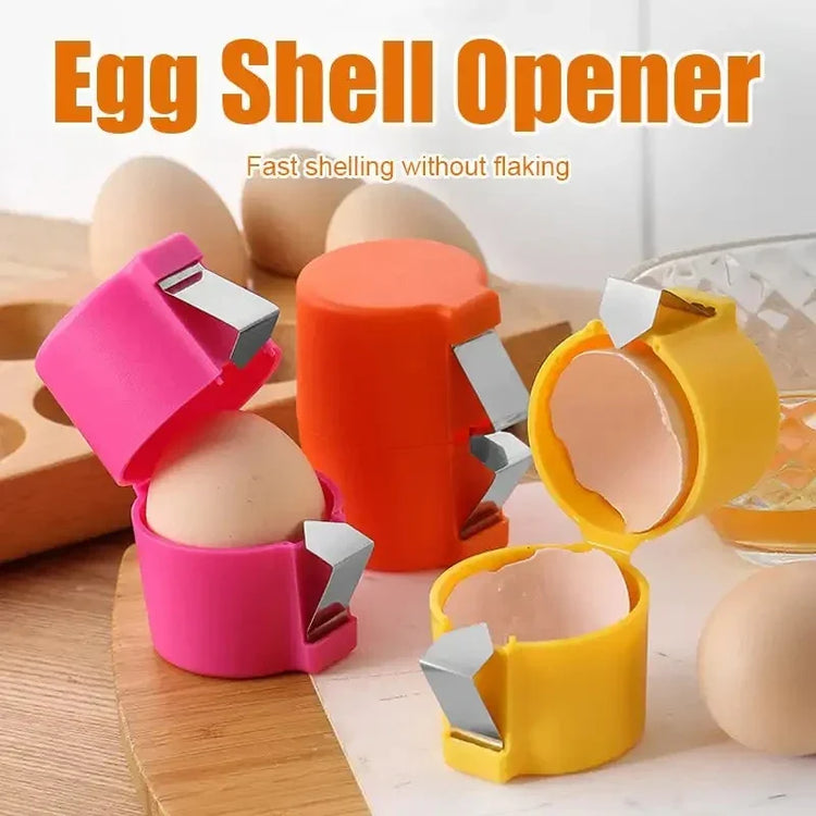 Colorful plastic egg shell openers with metal blades, shown shelling brown eggs on a kitchen counter