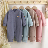 Striped cotton baby rompers in blue, mint, brown, and pink, long sleeve, loose fit