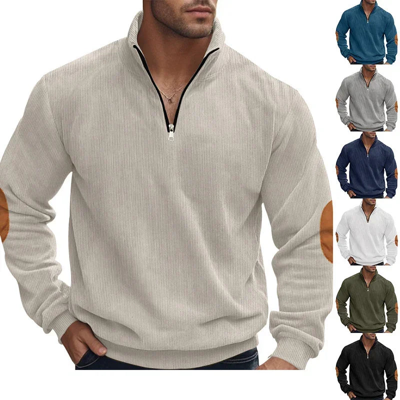 Men’s ribbed half-zip pullover with suede elbow patches in multiple colors, relaxed fit.