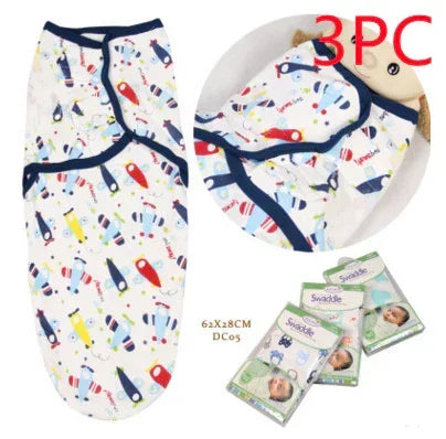 Three-piece set of newborn swaddle blankets with colorful vehicle print and blue trim.