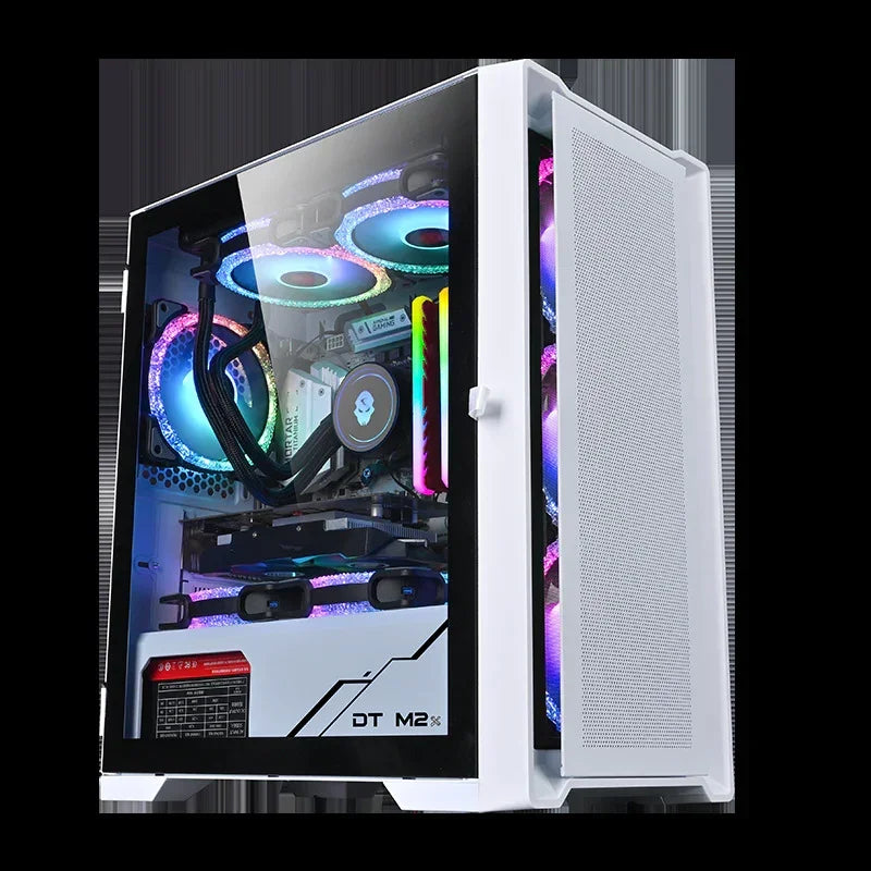 White desktop PC case with glass panel, RGB fans, and sleek modern design