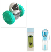 Futuristic robot toy with teal wheels, green pet waste bag roll, and blue portable water bottle
