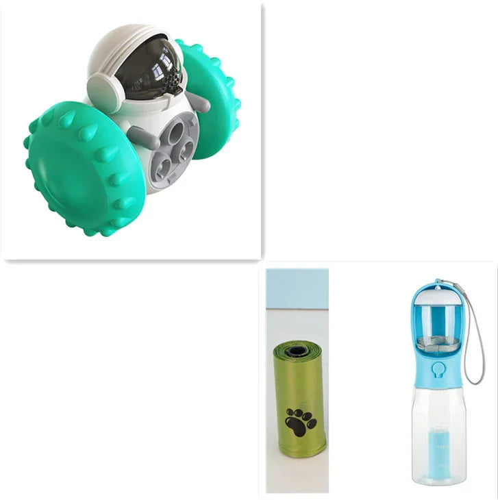 Futuristic robot toy with teal wheels, green pet waste bag roll, and blue portable water bottle