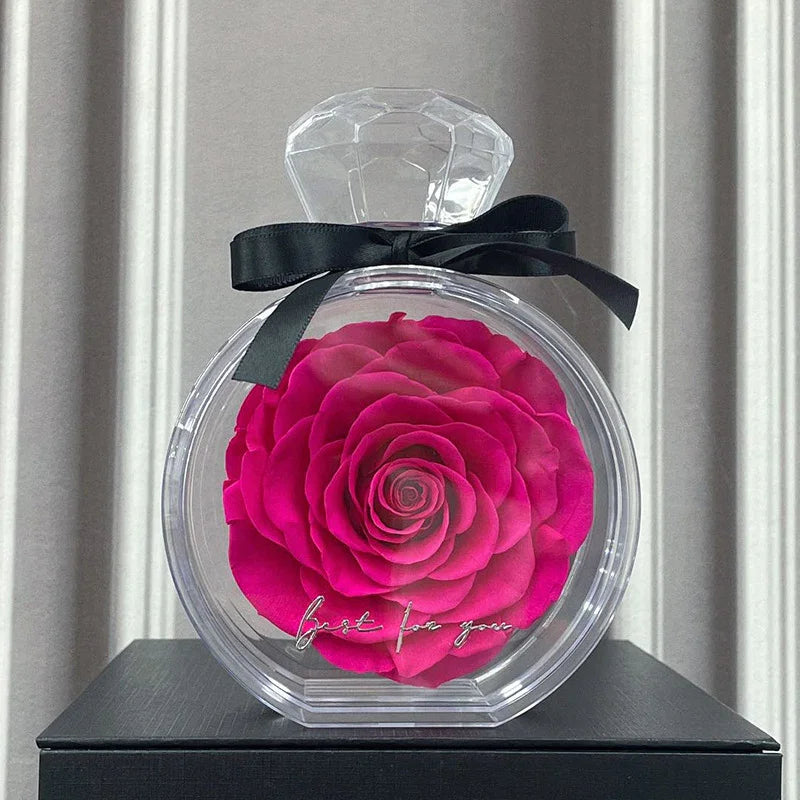 Clear acrylic case with a large pink rose inside, black ribbon bow, and elegant display