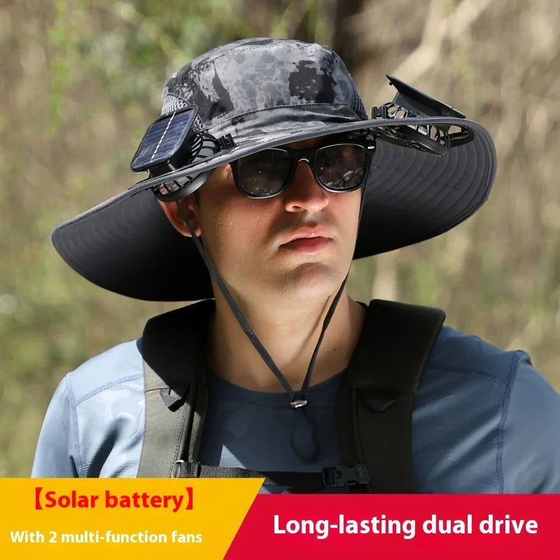 Man wearing wide-brim camouflage sun hat with solar-powered fans and adjustable chin strap