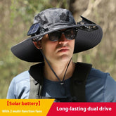 Man wearing wide-brim camouflage sun hat with solar-powered fans and adjustable chin strap