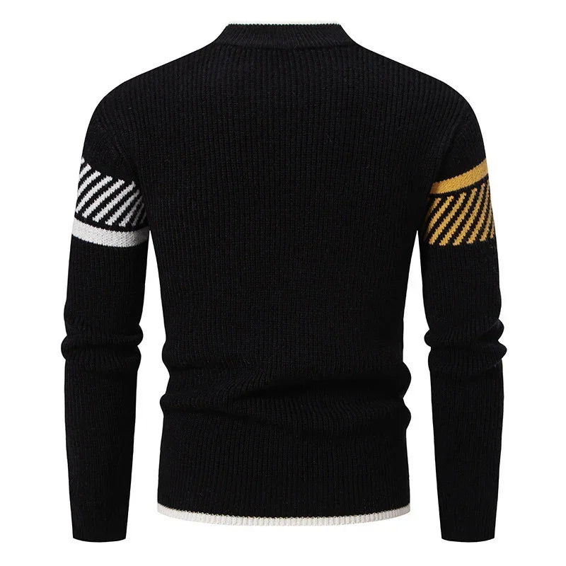 Black knit sweater with slim fit, white and yellow striped sleeve accents, ribbed texture