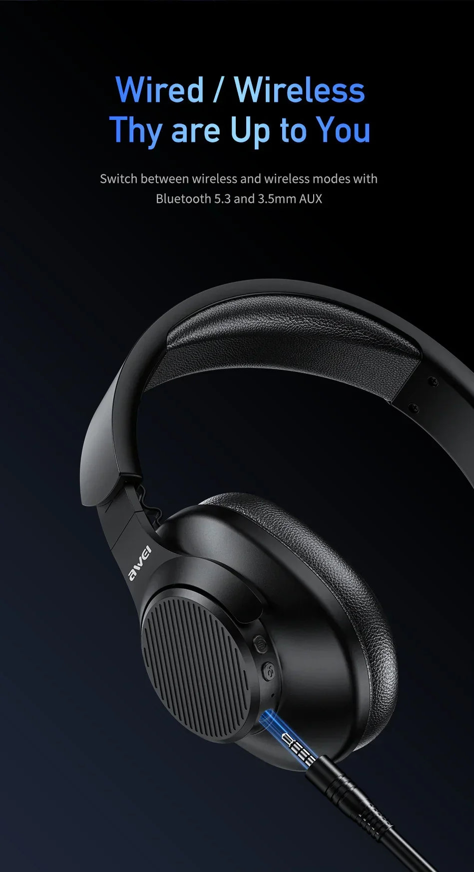 Black over-ear headphones with cushioned leather headband, wired and wireless connection options