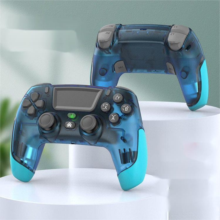 Blue transparent game controllers with textured grips, sleek ergonomic design