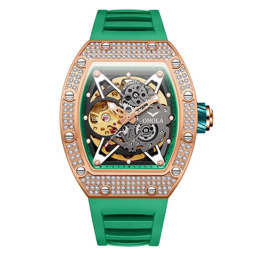 Green silicone strap watch with rose gold diamond-studded bezel and skeleton dial