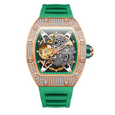 Green silicone strap watch with rose gold diamond-studded bezel and skeleton dial