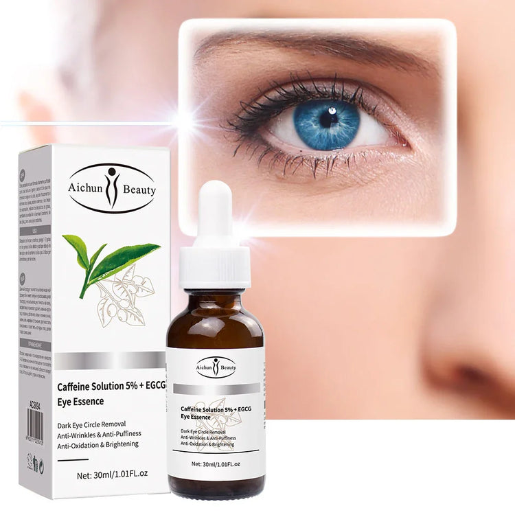 Dropper bottle of caffeine eye essence serum with packaging, close-up of blue eye in background.