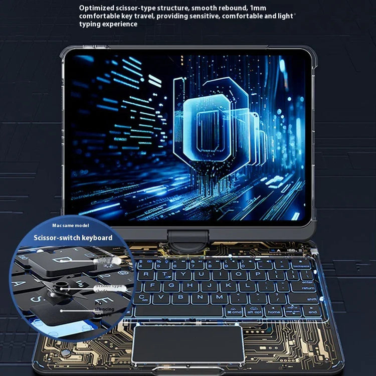 Futuristic laptop keyboard case with scissor-switch keys, circuit pattern design, blue backlight