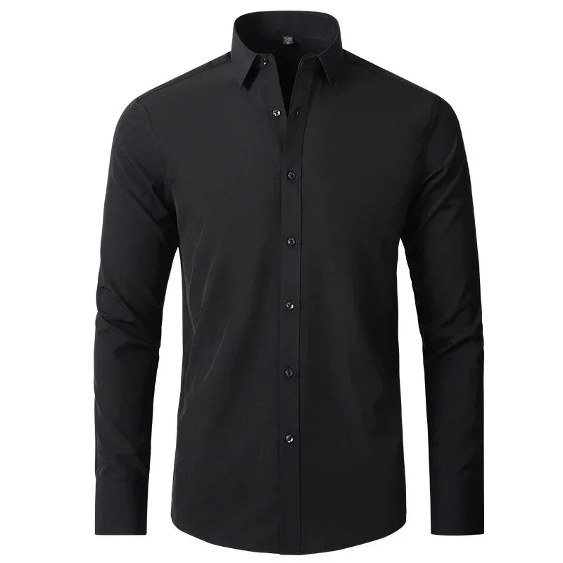 Men's slim fit black button-up dress shirt with long sleeves, cotton material