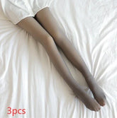 Sheer gray pantyhose with smooth, close fit, modeled on legs, paired with white shorts