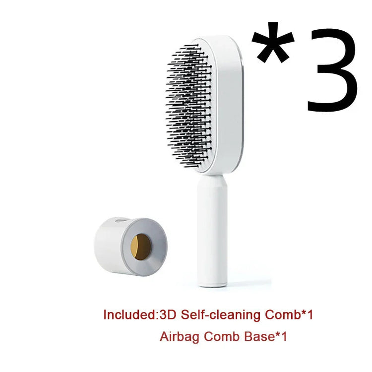 White 3D self-cleaning hairbrush with airbag comb base, modern minimalist design