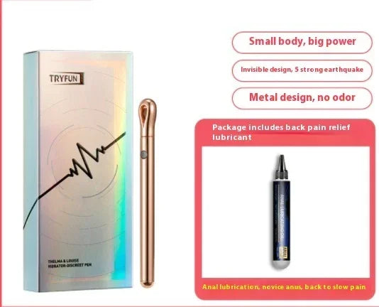 Sleek metallic massage pen with ergonomic design and lubricant, modern packaging.