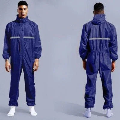 Men's navy blue full-body streetwear jumpsuit with reflective stripe, relaxed fit