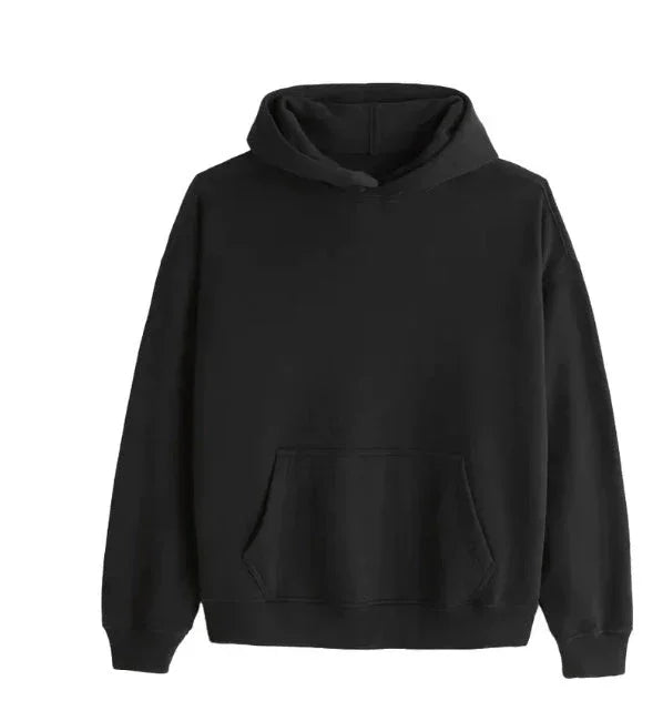 Black pullover hoodie with kangaroo pocket, long sleeves, relaxed fit, cotton material