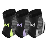 Three pairs of black neoprene ankle sleeves with hexagonal mesh panels and colored accents, modern athletic fit.
