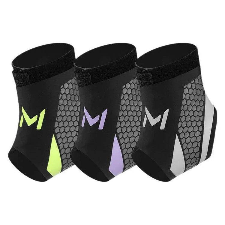 Three pairs of black neoprene ankle sleeves with hexagonal mesh panels and colored accents, modern athletic fit.