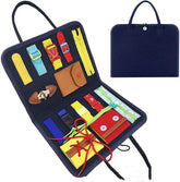 Colorful felt activity book with multiple textured straps, buttons, and zippers for sensory play