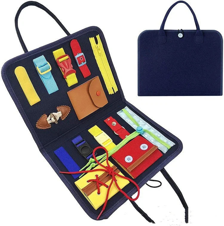 Colorful felt activity book with multiple textured straps, buttons, and zippers for sensory play