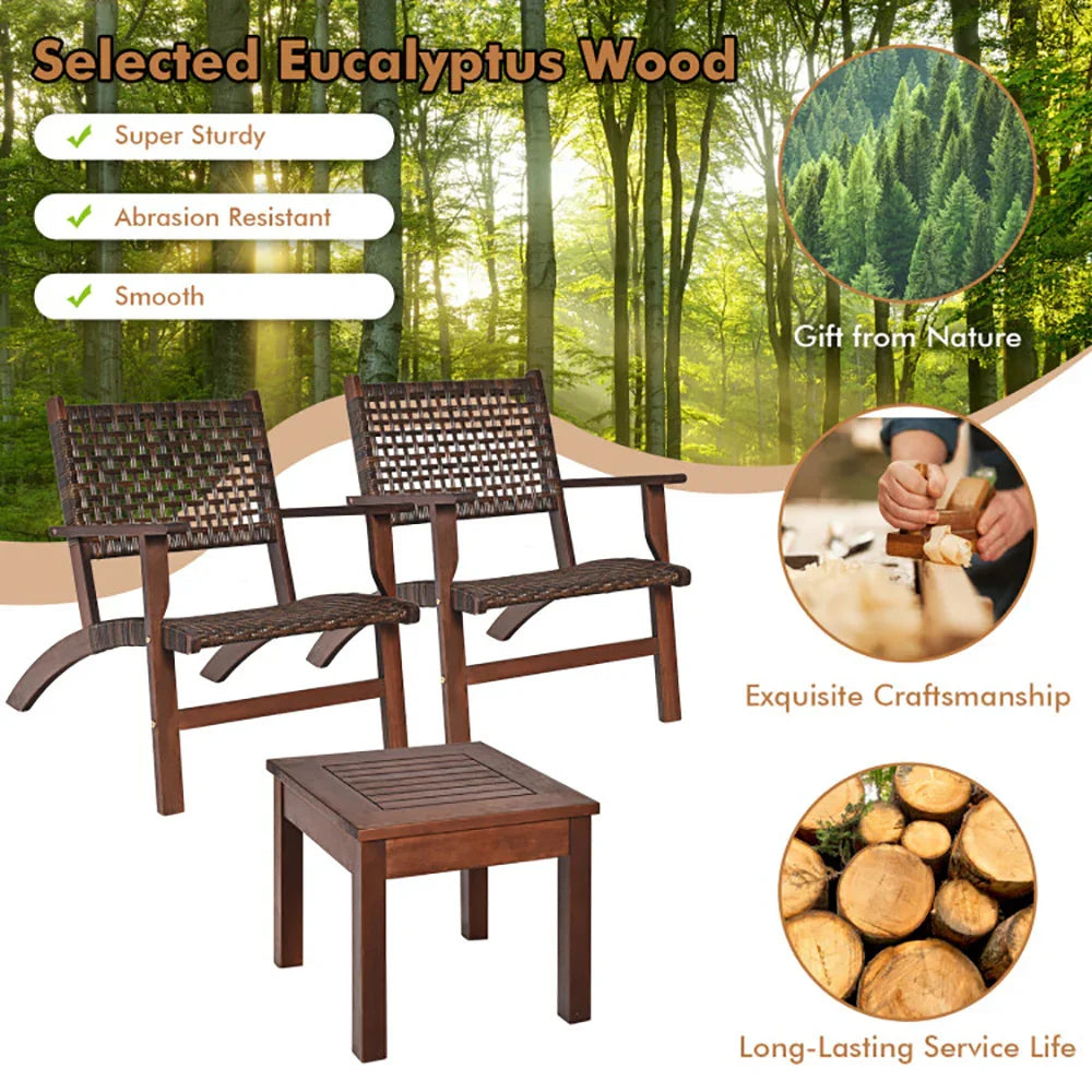 Outdoor brown woven lounge chairs and wood side table, sturdy eucalyptus wood furniture