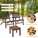 Outdoor brown woven lounge chairs and wood side table, sturdy eucalyptus wood furniture