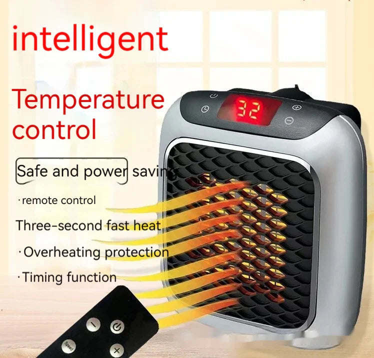 Compact electric space heater with digital temperature display, mesh front, and remote control