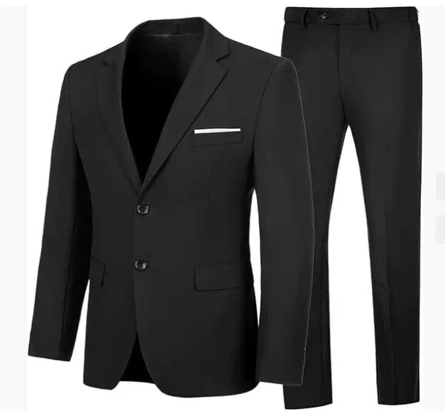 Men's slim-fit black suit with notch lapel blazer and matching trousers, formal wear