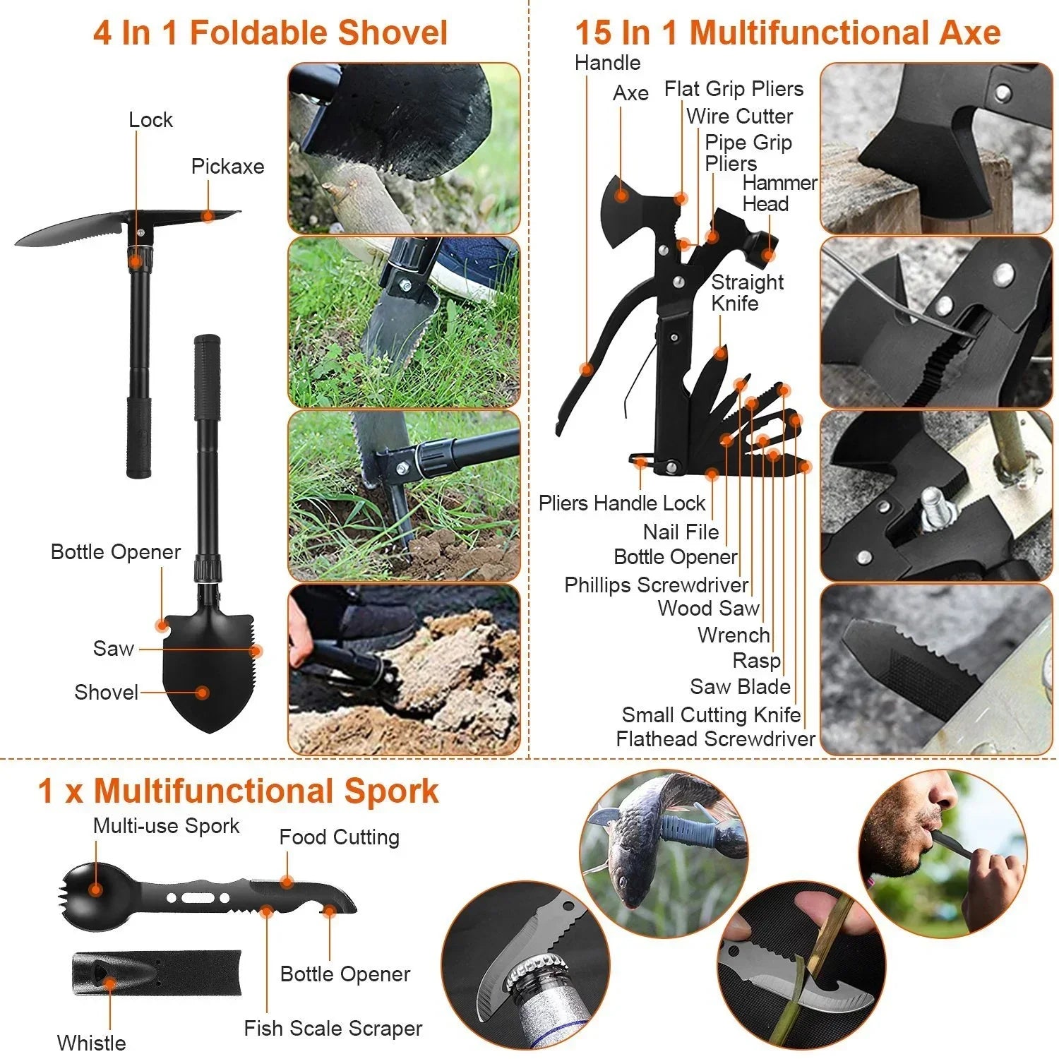 Outdoor survival gear set with black foldable shovel, multifunctional axe, and spork with whistle, saw, and bottle opener features.