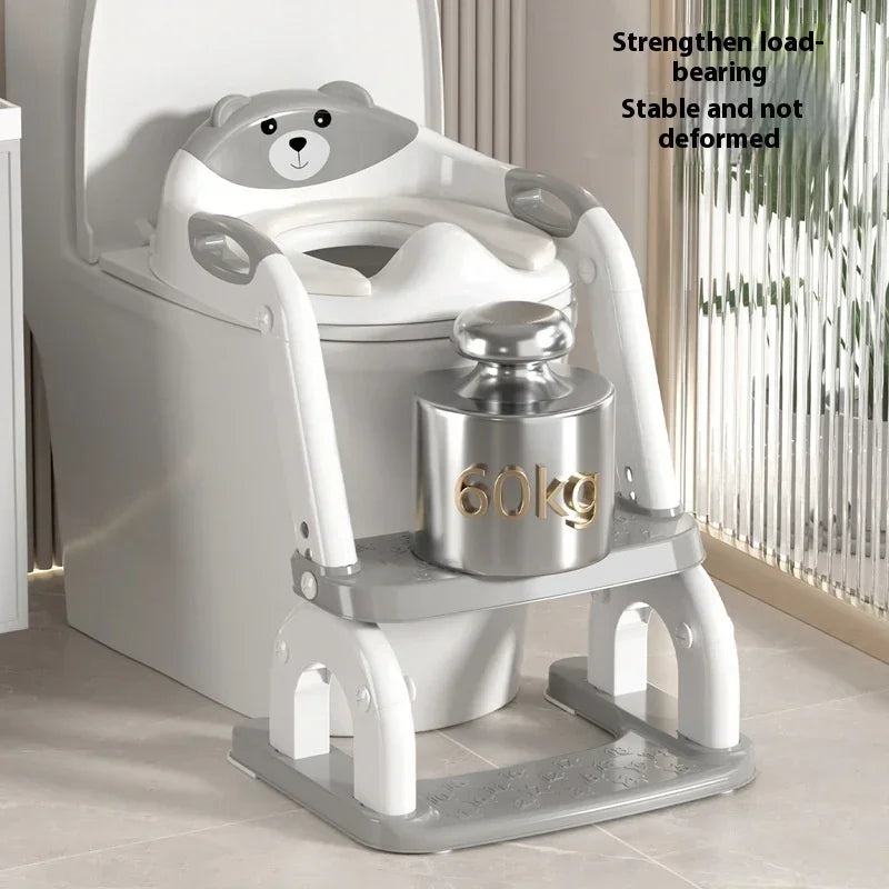 White and gray bear-shaped toddler toilet seat with sturdy step stool, supports 60kg