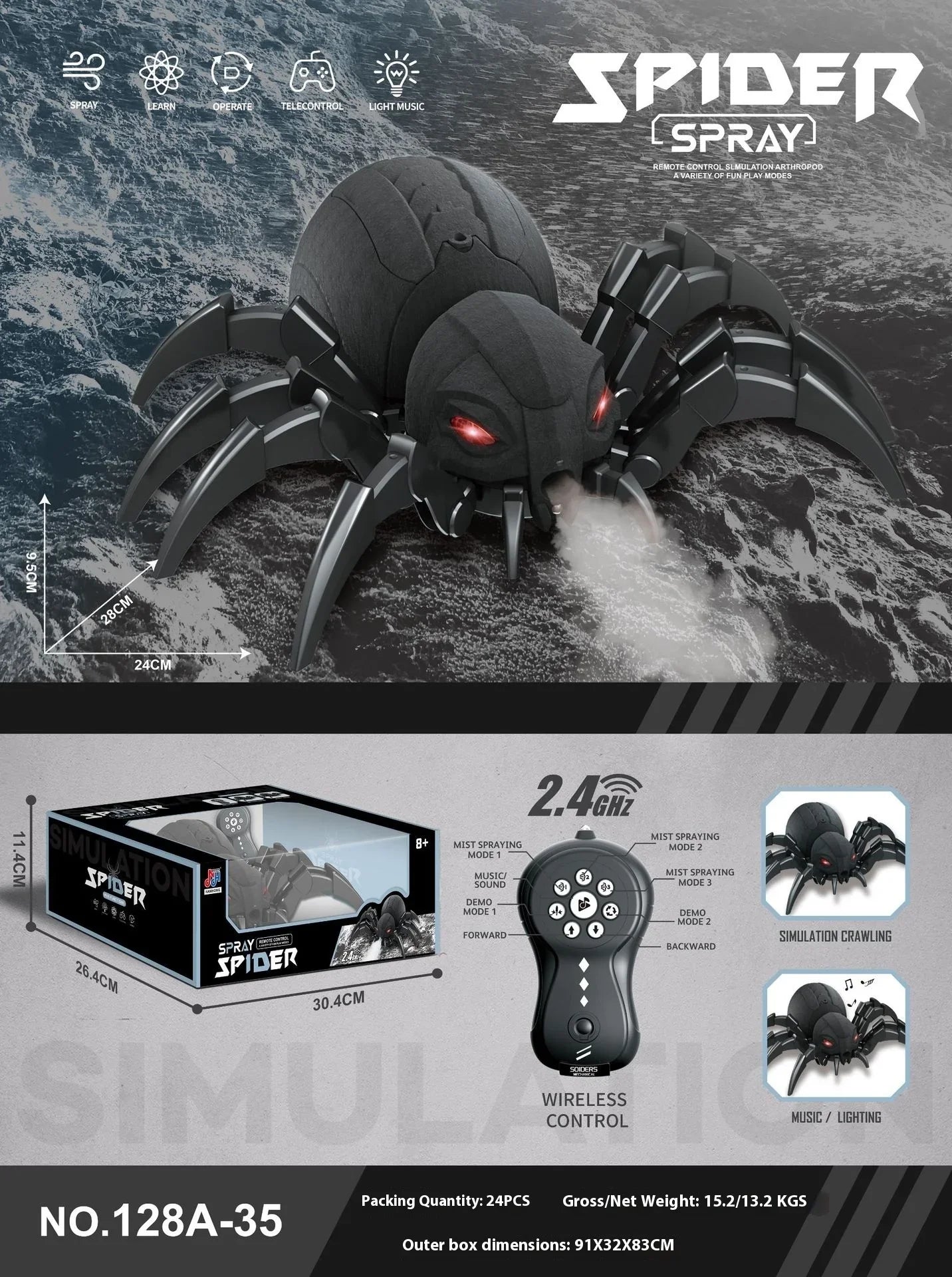 Remote control black spider toy with glowing red eyes, spray mist feature, and wireless controller.