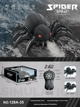 Remote control black spider toy with glowing red eyes, spray mist feature, and wireless controller.