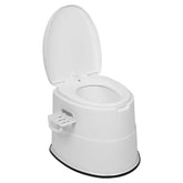 White portable plastic toilet with open lid, side handle, and step, modern minimalist design