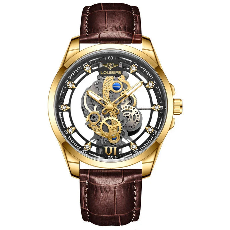 Gold skeleton watch with brown leather strap, exposed gears, and intricate dial design