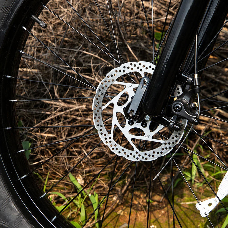 Close-up of a bicycle front wheel with disc brake and black spokes outdoors