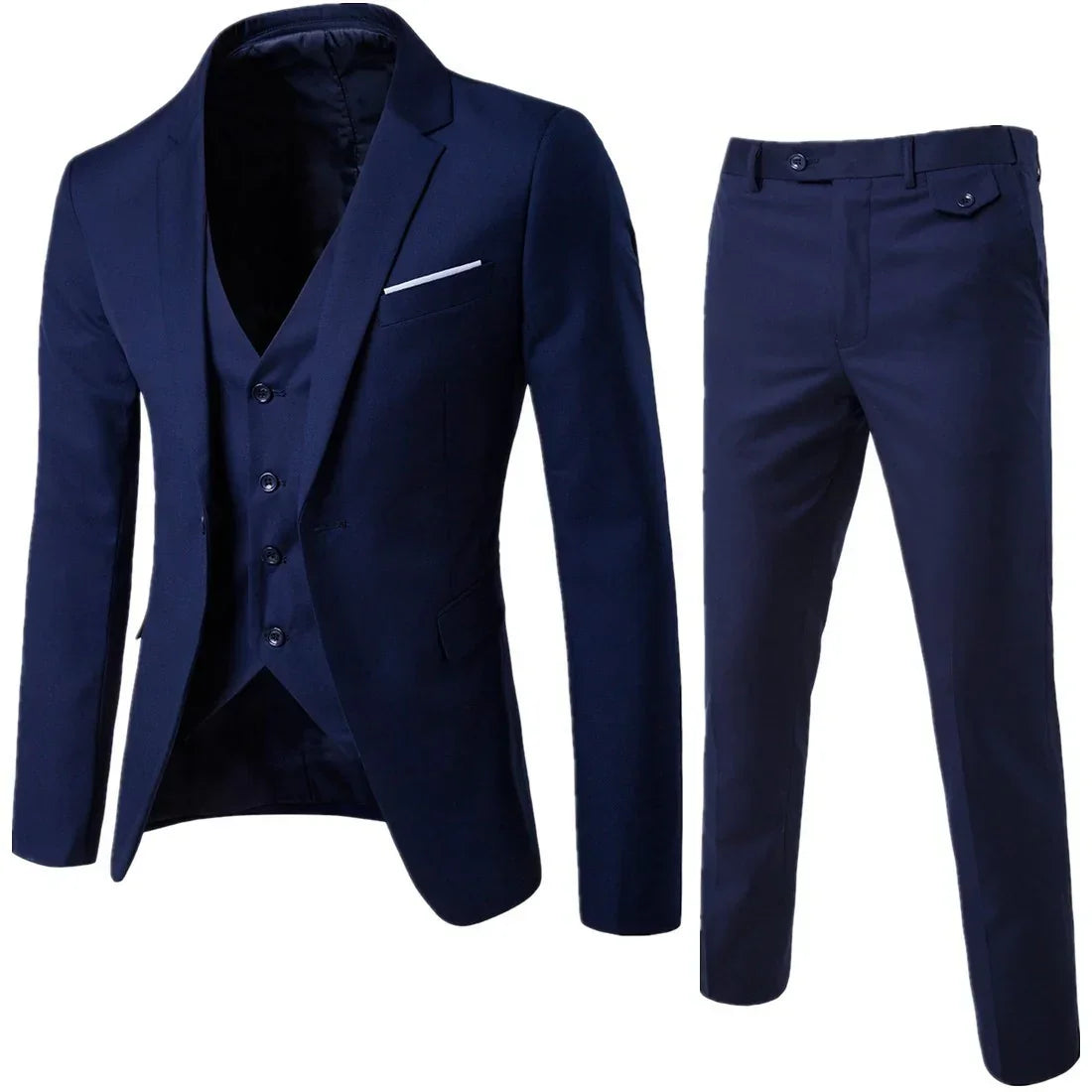 Men's slim fit navy blue three-piece suit with blazer, vest, and trousers