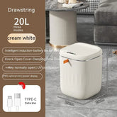 Cream white 20L smart trash can with drawstring, Type-C charging, shown in modern living room