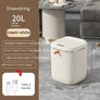 Cream white 20L smart trash can with drawstring, Type-C charging, shown in modern living room
