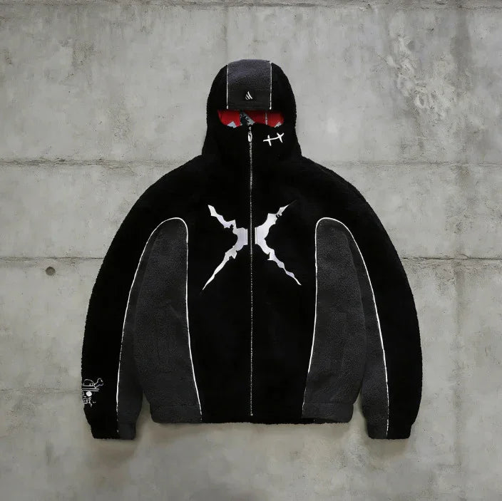 Black sherpa zip-up hoodie with white graphic accents, futuristic streetwear style, relaxed fit.