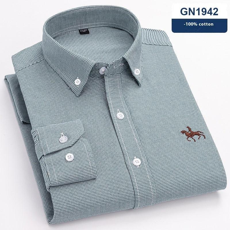 Folded long-sleeve green checkered cotton shirt with button-down collar and embroidered horse logo.