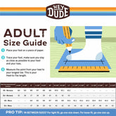 Adult shoe size guide chart with foot tracing instructions and US, EU size conversions.