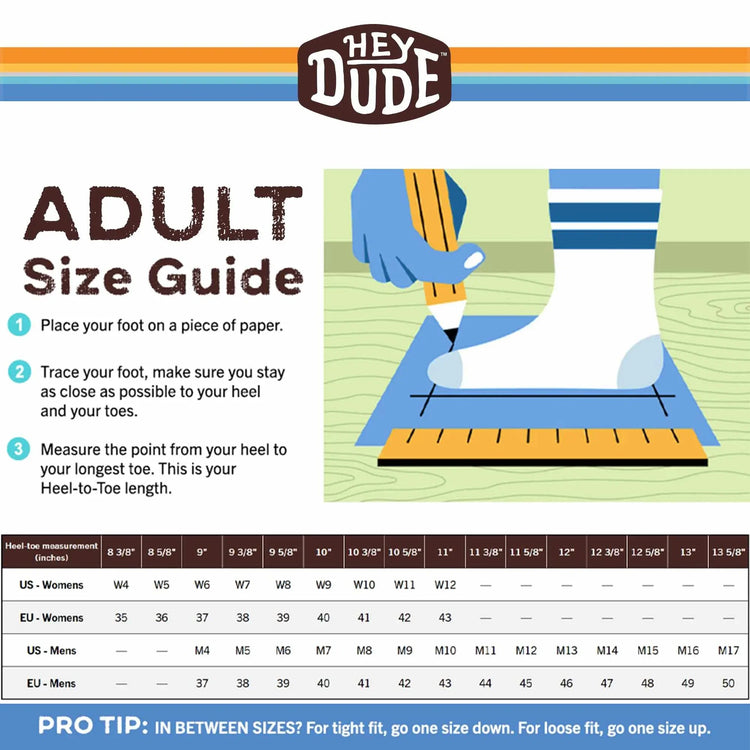 Adult shoe size guide chart with foot tracing instructions and US, EU size conversions.