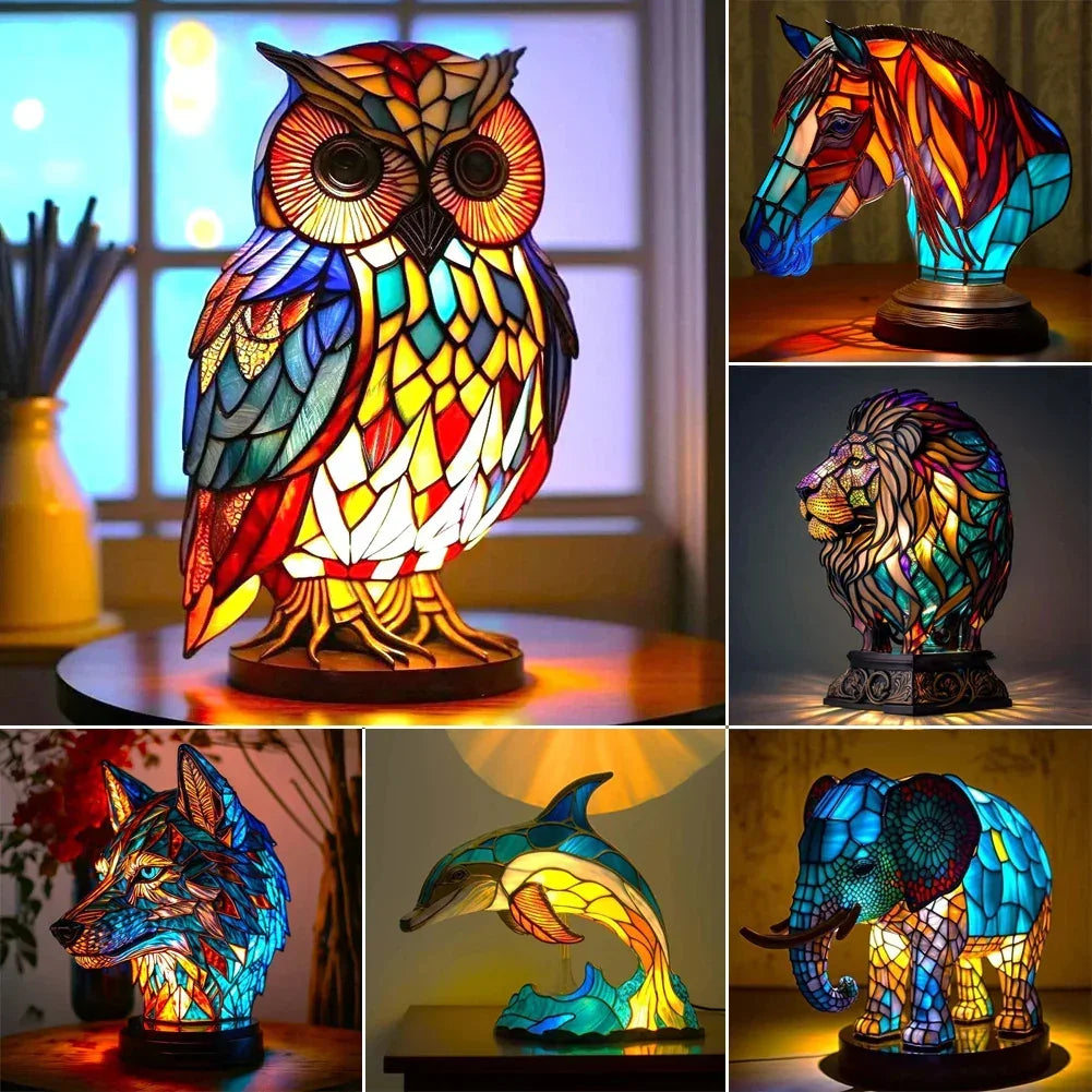 Colorful stained glass animal lamps featuring owl, horse, lion, wolf, dolphin, and elephant designs.