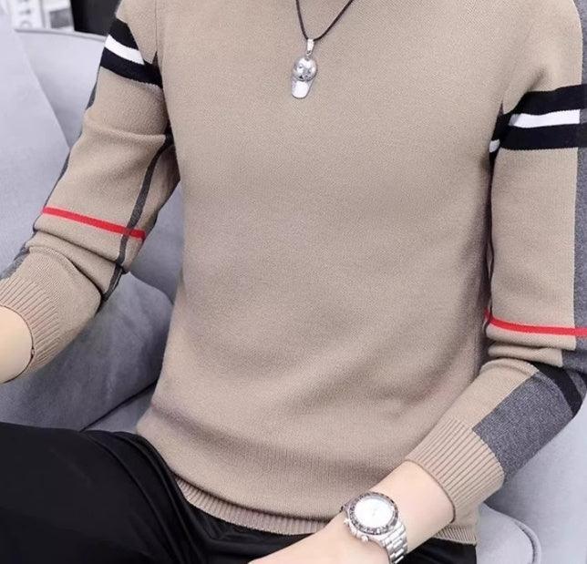 Beige slim-fit knit sweater with black, white, and red striped sleeves, modern streetwear style.